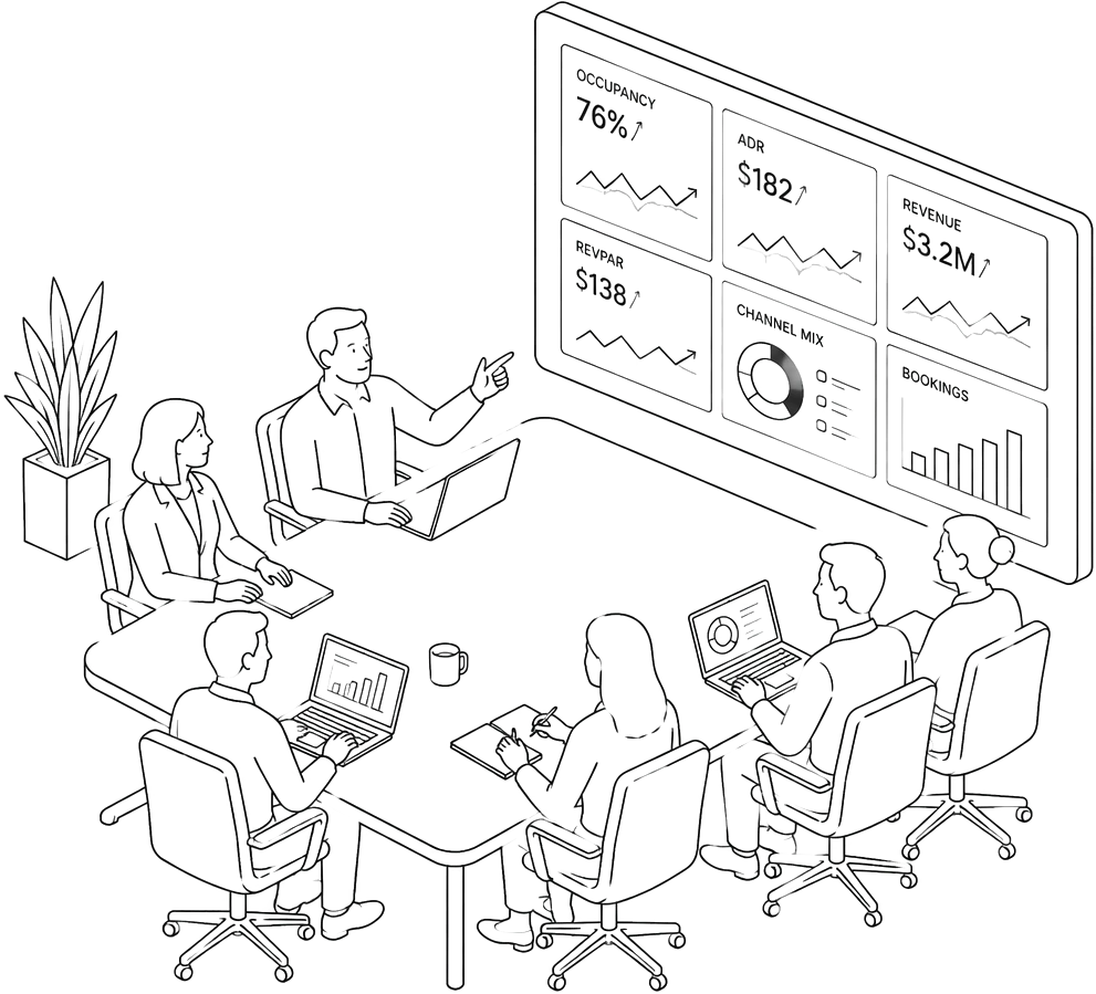 A leadership team reviewing dashboards in a boardroom