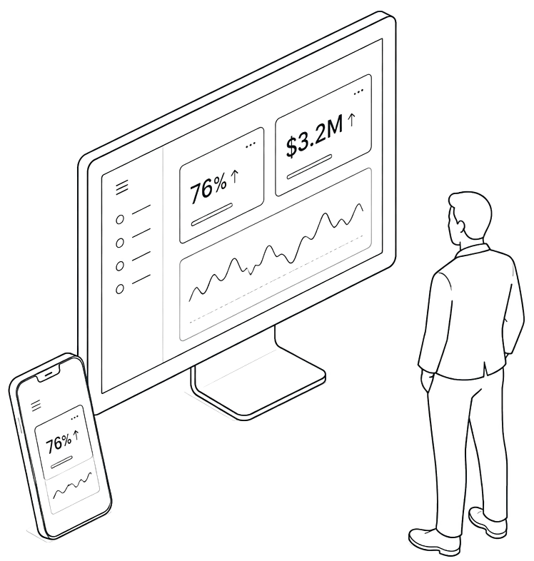 Operator reading a pacing dashboard on screen and KPIs on a phone